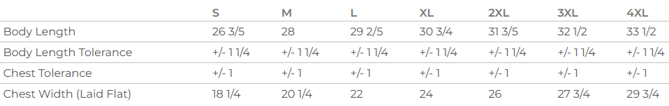 Measurement chart for body length, chest tolerance, and chest width with size labels.